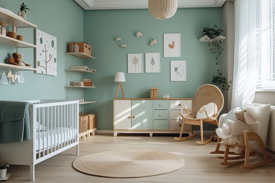Children room scandinavian style 3D rendering. generative AI digital illustration.