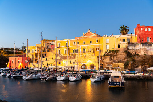 Old Roman harbour of the colourful village of Ventotene at dawn, Tyrrhenian Dea, Latina province, Latium (Lazio)