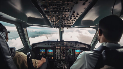 Generative AI illustration of a rear view of a cockpit of an airplane flying the aircraft with pilot and copilot , through the windows of the cloudy sky