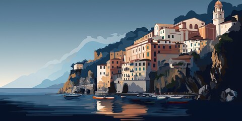 Famous Amalfi Coast in Italy includes Atrani town in its mesmerizing landscape, Generative AI - obrazy, fototapety, plakaty
