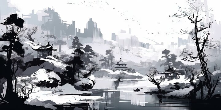 A traditional winter landscape painting using ink, Generative AI