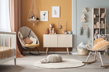 Children room scandinavian style 3D rendering. generative AI digital illustration.
