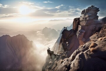 Determined Rock Climbers, Scaling Sheer Cliff, Navigating Rugged Vertical Terrain, Generative AI