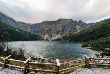 Fototapeta na wymiar Lake in mountains. Morskie Oko (Sea Eye) Lake is the most popular place in High Tatra Mountains, Poland.