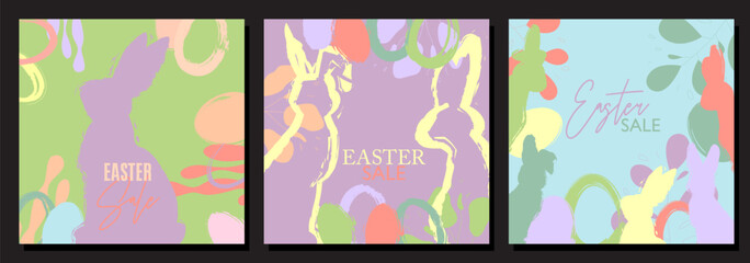 Easter Sale Poster Set with big rabbits and eggs. Elegant Holiday offer design collection. Discount with painted bunny and egg. Modern minimal template in pastel colors.