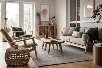 Interior design of modern scandinavian apartment, living room 3d rendering. generative AI digital illustration.