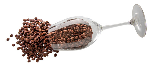 Roasted coffee beans coming out of goblet glass isolated