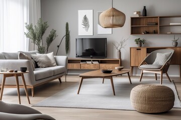 Interior design of modern scandinavian apartment, living room 3d rendering. generative AI digital illustration.