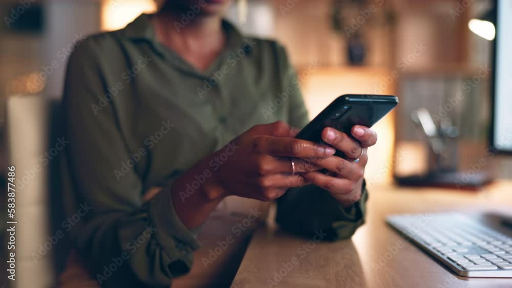 Poster business phone, typing and hands of black woman in office at night texting, web scrolling or network