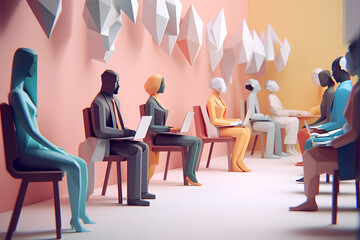 Inclusive Workplace. Hiring Scene. Multicultural Job Interview in Low-Poly Style - obrazy, fototapety, plakaty