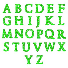 funny alphabet. abc for children. English. strawberry glade. bright isolated green letters with white flowers and red berries.