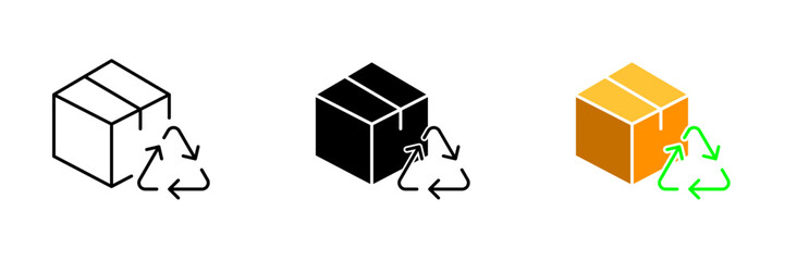 An illustration of a box with a recycling icon, representing the concept of proper waste management and environmental responsibility. Vector set of icons in line, black and colorful styles isolated.