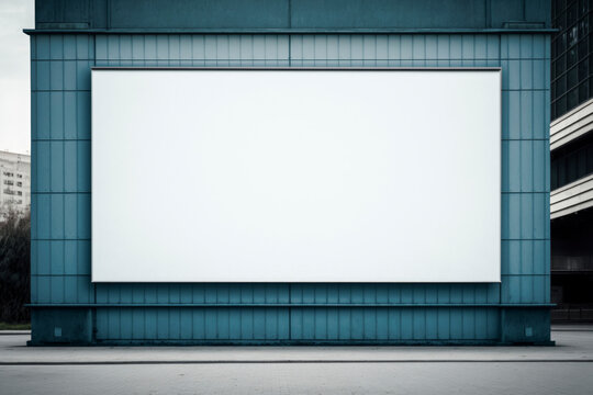 Blank white outdoor horizontal billboard mock-up on facade modern building on  city background. Illustration. Generative AI