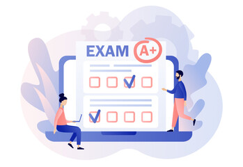 Online exam. Tiny students with test exam result on laptop. Education, studying, Digital elearnning, degree, graduate concept. Modern flat cartoon style. Vector illustration on white background