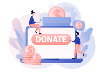 Donation money. Tiny people donating money. Volunteers putting coins in donation box in web site. Online charity, financial support concept. Modern flat cartoon style. Vector illustration