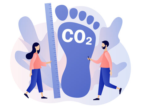 Tiny people measure huge carbon footprint pollution. Co2 emission environmental impact concept. Dangerous dioxide effect on planet ecosystem. Modern flat cartoon style. Vector illustration