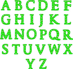 funny alphabet. abc for children. English. strawberry glade. bright isolated green letters with white flowers and red berries.