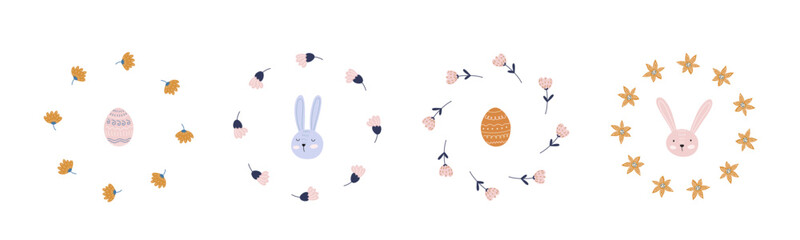 Set of Easter wreaths with cute bunnies, Easter eggs, and flowers. Easter illustrations in pastel colors.