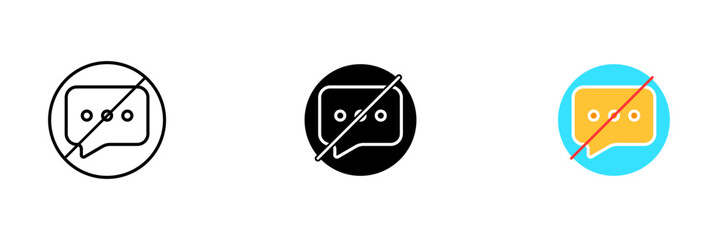A vector icon of a crossed-out message icon, representing the concept of deleting or disabling messaging or communication. Vector set of icons in line, black and colorful styles isolated.
