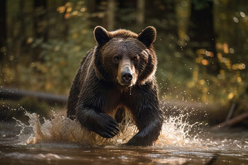 Fototapeta na wymiar Brown bear running through shallow water