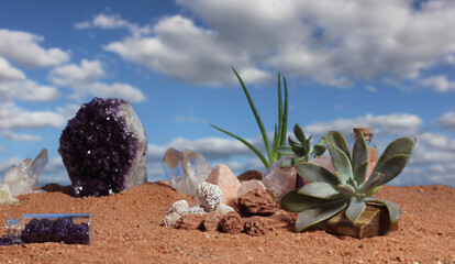 Chakra Stones and Flowers on Australian Red Sand