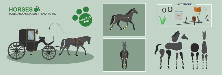 Black Horse ready to animate with multiple poses accessories. Horse drawn carriage, vintage coach, Vector file labeled ready to rig. Horse riding, horse jumping, horses playing. Horse saddled	
