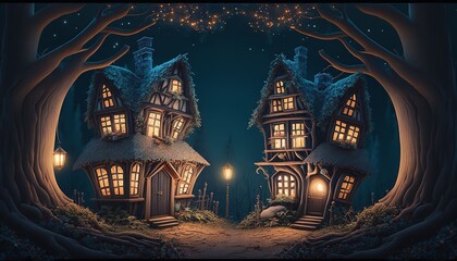 Fototapeta na wymiar In a woodland, fantastical hobbit homes. Generative Ai.