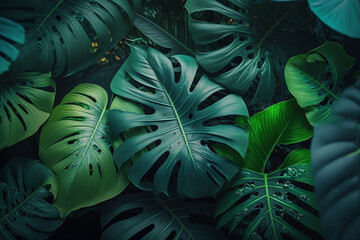 Abstract background of exotic green leaves with generative AI technology