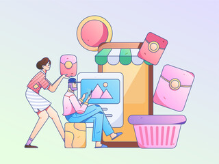 Holiday Shopping E-Commerce Online Shopping People Flat Vector Concept Operation Hand Drawn Illustration
