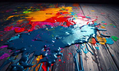 Paints of diverse colors poured on the wooden floor. Spots and splashes of color. Close up. Generative AI.