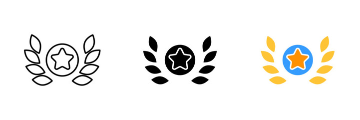 A star with two wreaths. This symbol represents achievement, success, or excellence, and can be used in various context such as awards. Vector set of icons in line, black and colorful styles isolated.