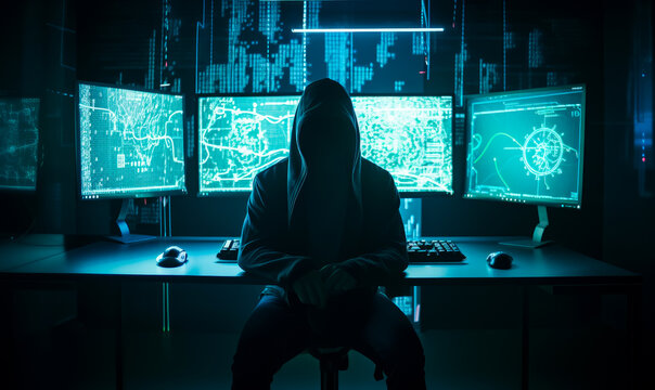 Unknown male in a hood sitting his back to the table. For computer screens switched on behind the hacker. Generative AI.