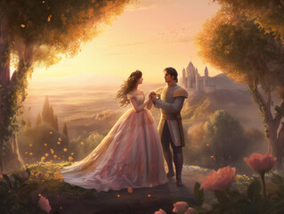 majestic prince and princess portrait, fairy tale inspired couple illustration, generative AI