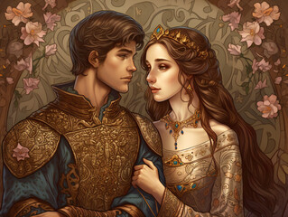 storybook prince and princess, romantic royal couple illustration, elegant and captivating, generative AI - obrazy, fototapety, plakaty