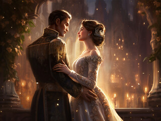 storybook prince and princess, romantic royal couple illustration, elegant and captivating, generative AI