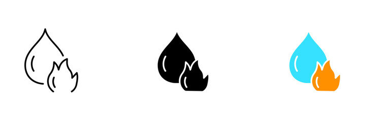 A stylized illustration of a water droplet with an icon of a flame inside. Vector set of icons in line, black and colorful styles isolated.