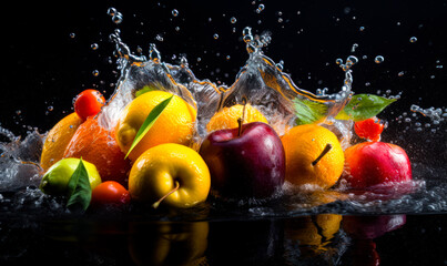 Fototapeta na wymiar Yummy fresh fruit in the splashes of clean water. Bright healthy products concept. Black backdrop. Close up. Generative AI.