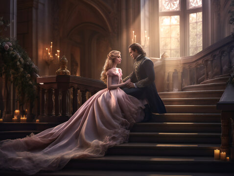 majestic prince and princess portrait, fairy tale inspired couple illustration, generative AI