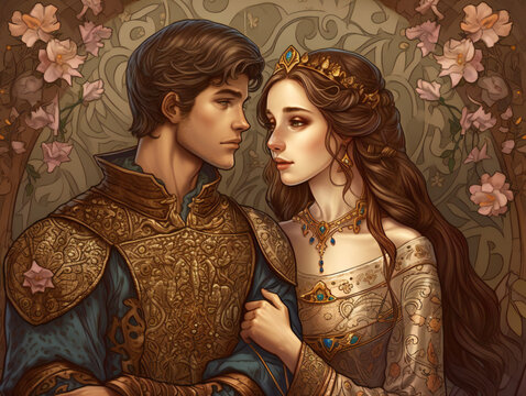 storybook prince and princess, romantic royal couple illustration, elegant and captivating, generative AI