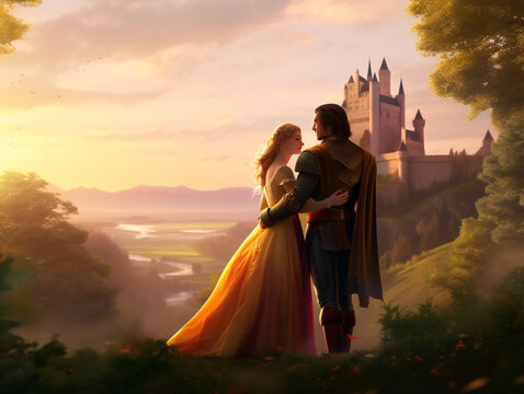 storybook prince and princess, romantic royal couple illustration, elegant and captivating, generative AI