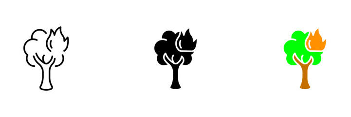 An illustration of a burning tree, representing the destructive force of wildfires and the need for fire prevention measures. Vector set of icons in line, black and colorful styles isolated.