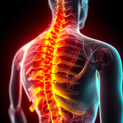Painful spine illustration of a human. X-ray skeleton image. Black backdrop. Generative AI.