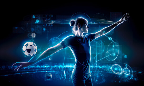 Fitness lady exercising in the futuristic hologram lines. Football balls and neon circles around. Black backdrop. Generative AI.