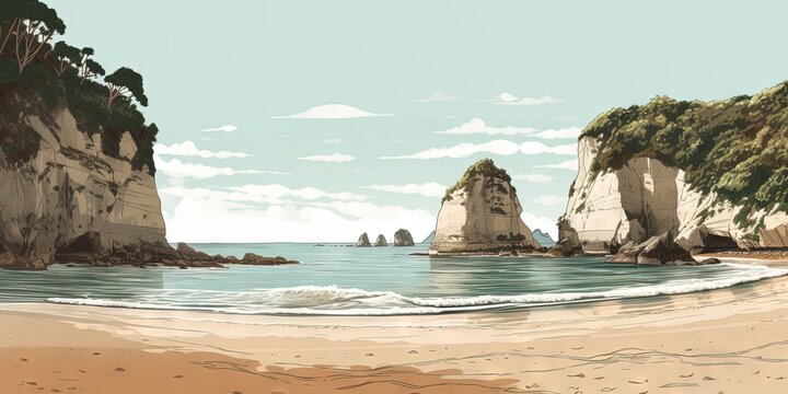 A daytime panoramic photo of Cathedral Cove beach in summer with no people, Generative AI