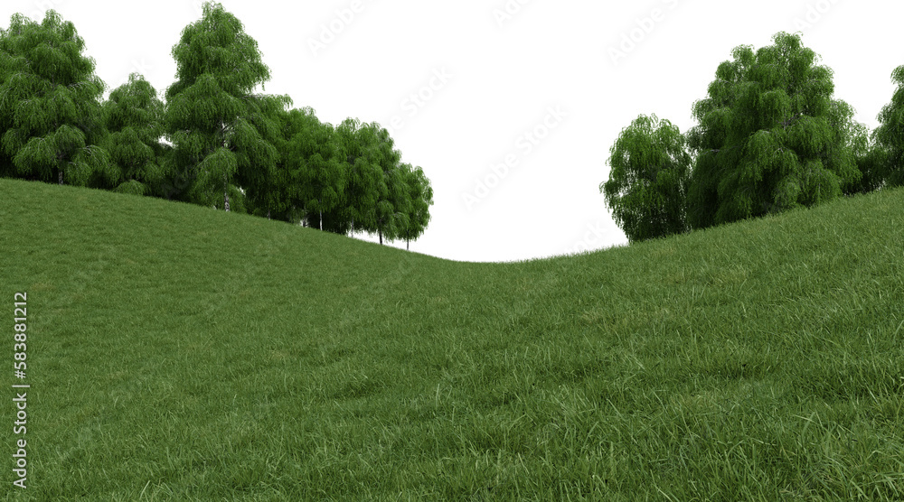 Fototapete realistic grass hill and forest tree line. 3d rendering of isolated objects.