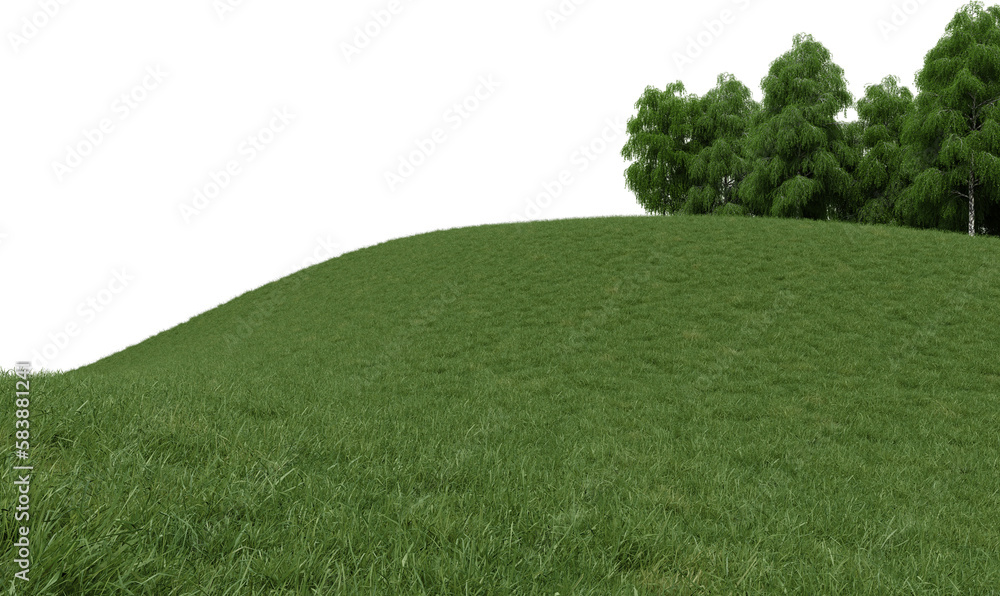 Aufkleber realistic grass hill and forest tree line. 3d rendering of isolated objects.