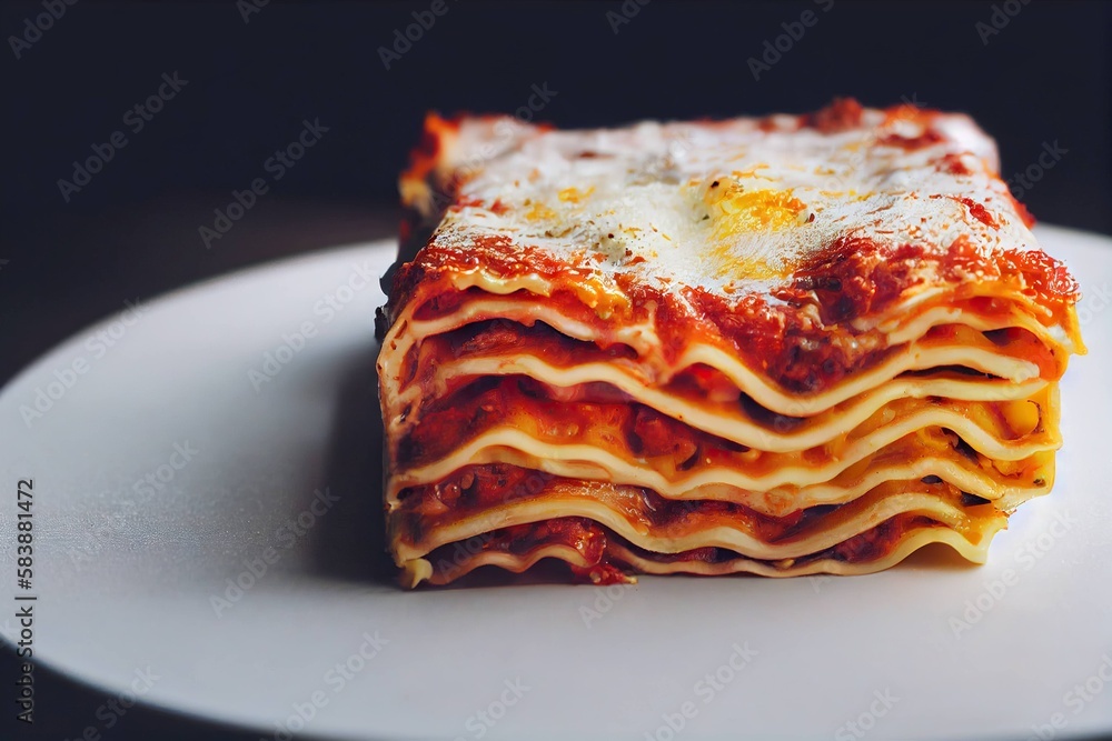 Sticker Italian dish layers of juicy lasagna on plate on table, created with generative ai