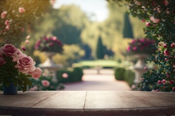 Empty Product Display Table with Rose Garden Background (Generative AI)