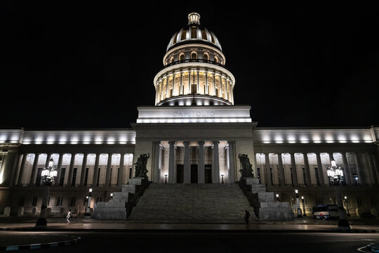 El Capitolio floodlit at night, former Congress building built in 1920s, Havana