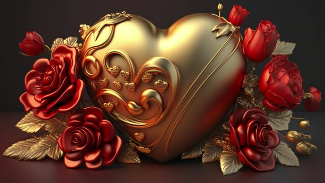 Golden Love Heart Decoration With Red Roses, Love and Valentine's Greeting Illustration